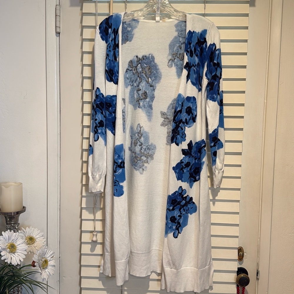 NY Collection Floral Cardigan, white and Blue, XS